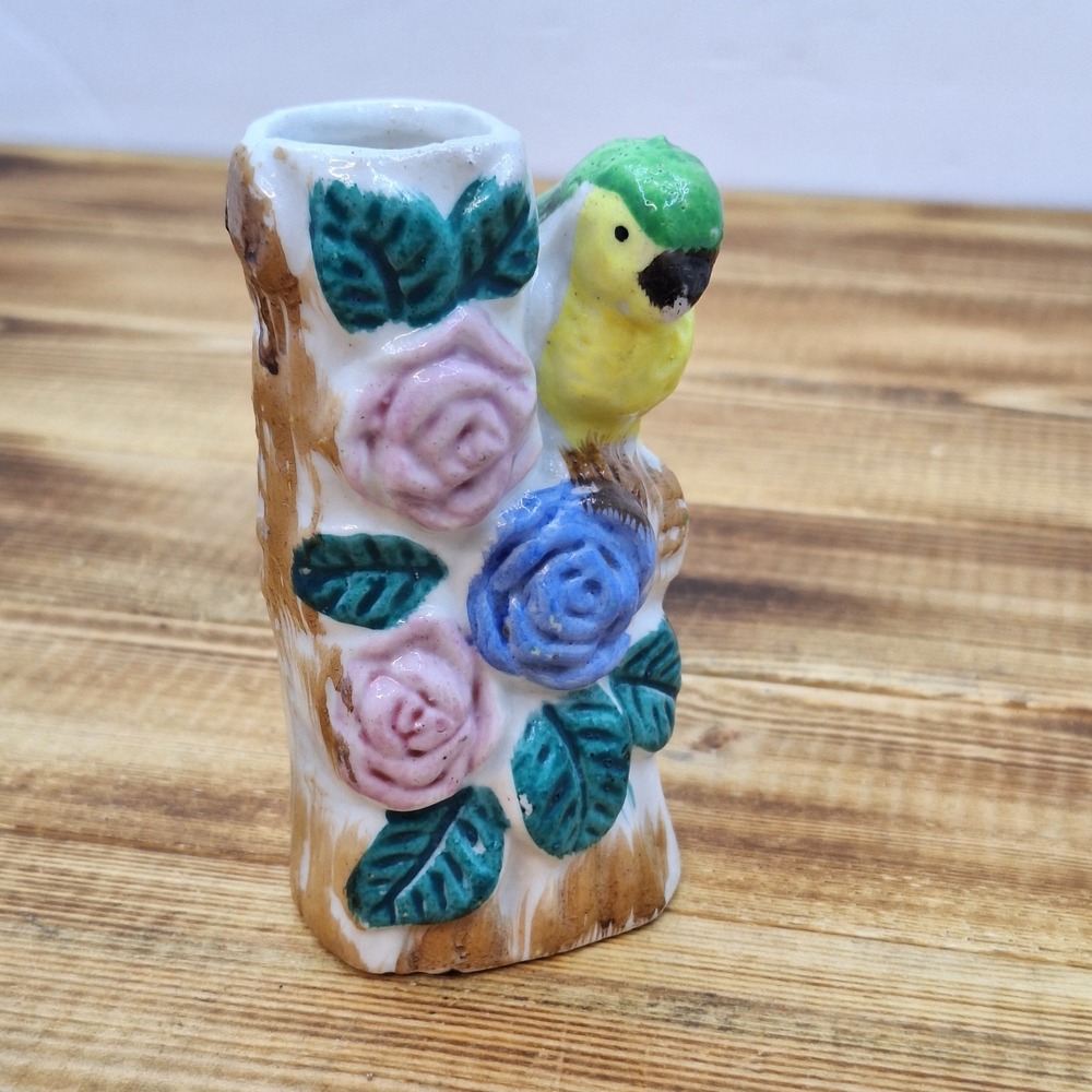 Vintage Occupied Japan Ceramic Porcelain Parrot Mini Vase 3.75" Bird, Floral